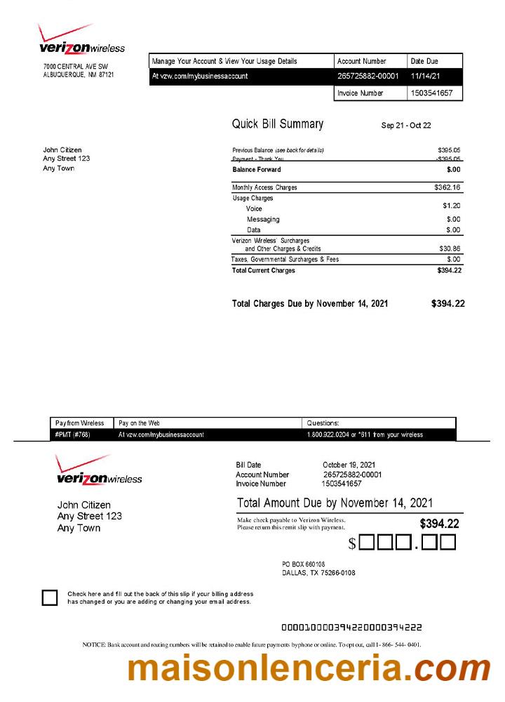 USA Verizon faktury szablon Word i PDF formaty